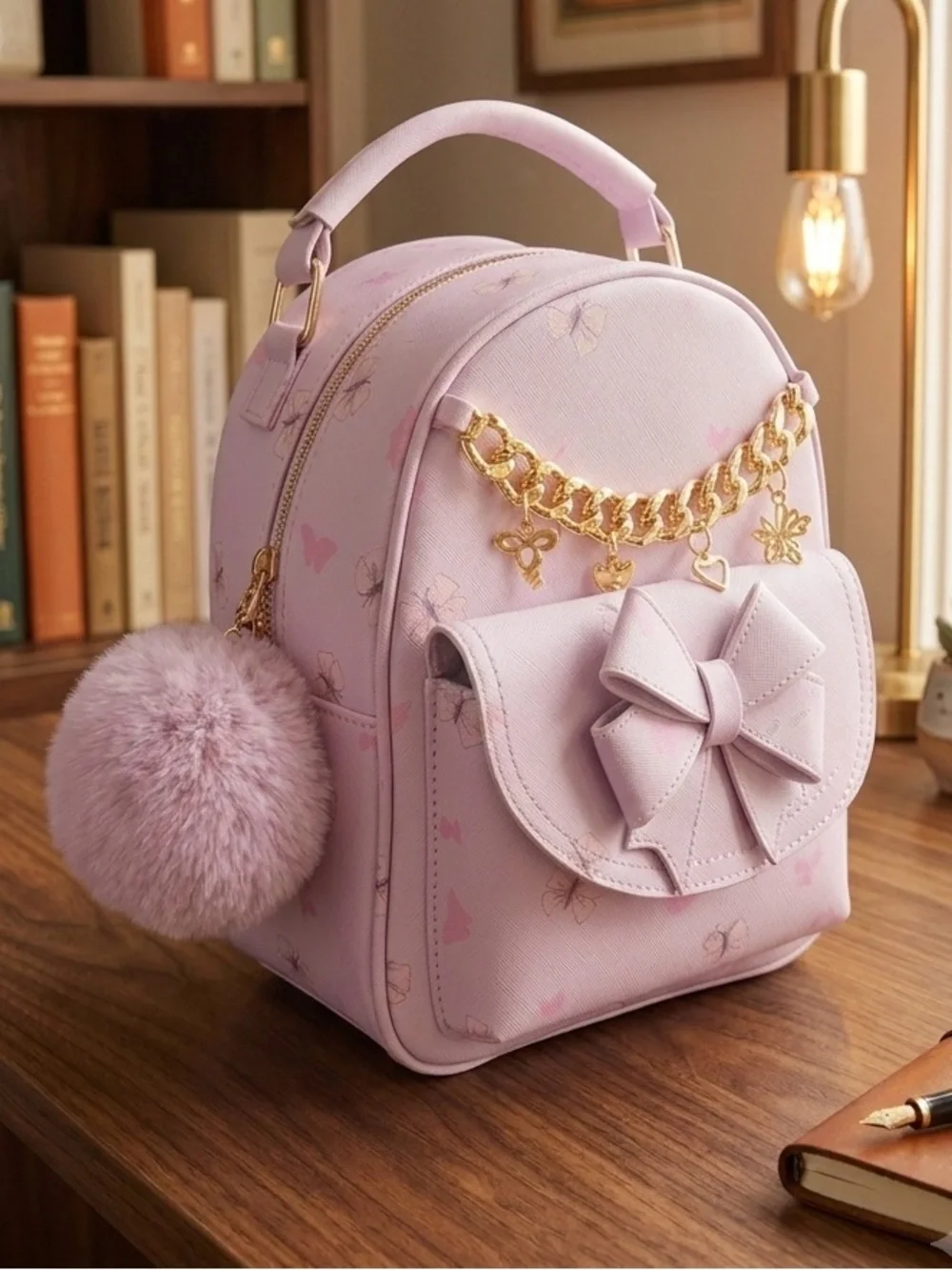 NEW PINk BOW Mini BackPack Purse with POM POM NWT